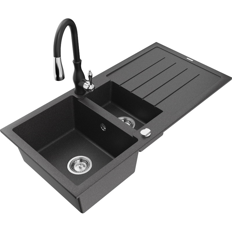 Mexen Andres granite sink 1.5-bowl with drainer and Savita kitchen faucet, black speckled - 6515-76-672601-70