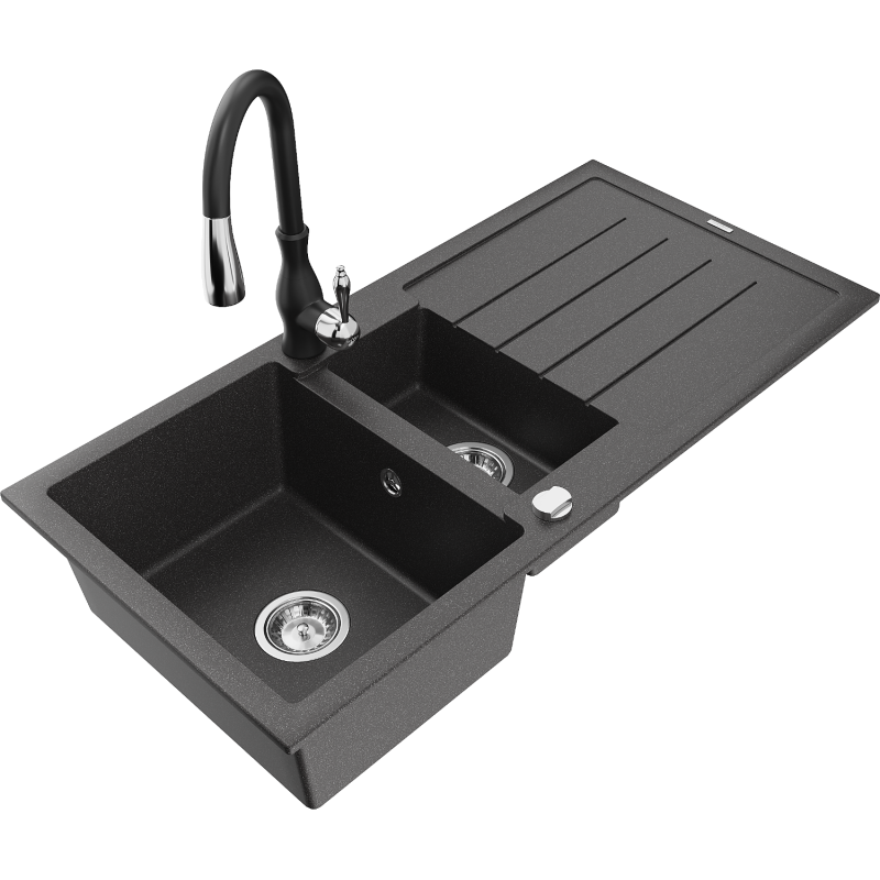Mexen Andres granite sink 1.5-bowl with drainer and Savita kitchen tap, black speckled - 6515-76-672601-70