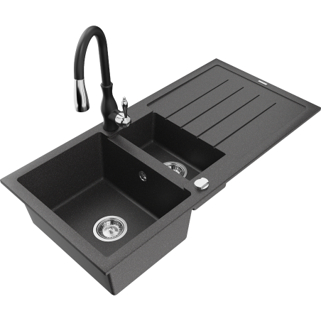Mexen Andres granite sink 1.5-bowl with drainer and Savita kitchen tap, black speckled - 6515-76-672601-70