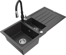 Mexen Andres 1.5-compartment granite sink with a drip tray and kitchen mixer tap Savita, spotted black - 6515-76-672601-70