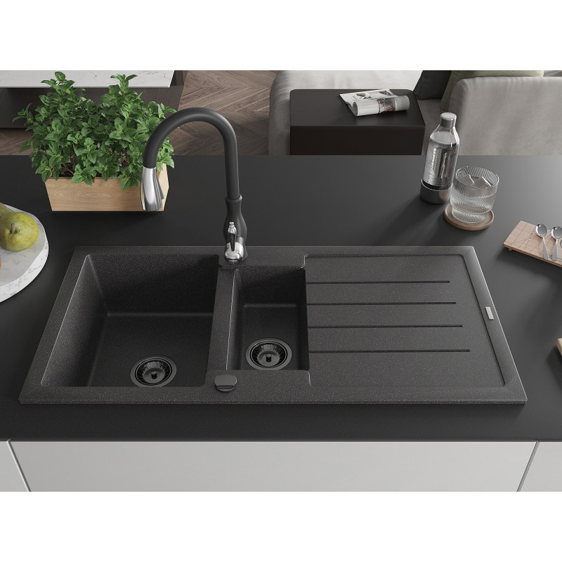 Mexen Andres granite sink 1.5-bowl with drainer and kitchen faucet Savita, black speckled - 6515-76-672601-70-B