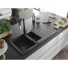 Mexen Andres granite sink 1.5-bowl with drainer and kitchen faucet Savita, black speckled - 6515-76-672601-70-B