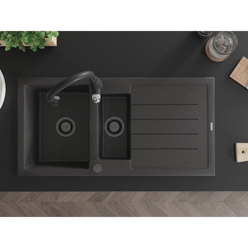Mexen Andres granite sink 1.5-bowl with drainer and Savita kitchen faucet, black speckled - 6515-76-672601-70-B
