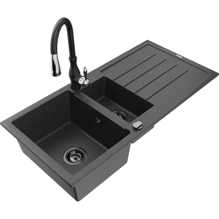 Mexen Andres granite sink 1.5-bowl with drainer and Savita kitchen faucet, black speckled - 6515-76-672601-70-B
