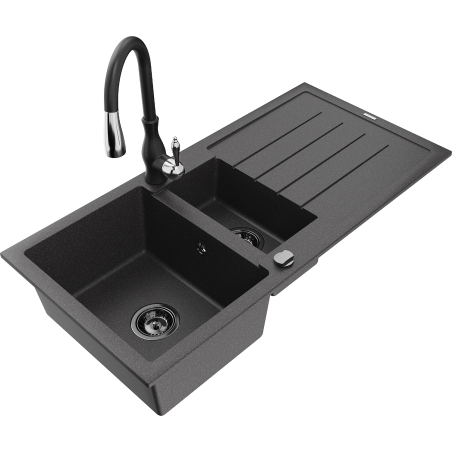 Mexen Andres granite sink 1.5-bowl with drainer and Savita kitchen tap, black speckled - 6515-76-672601-70-B
