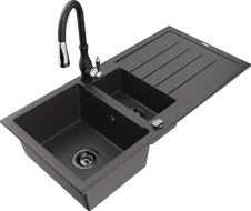 Mexen Andres granite sink 1.5-bowl with drainer and Savita kitchen tap, black speckled - 6515-76-672601-70-B