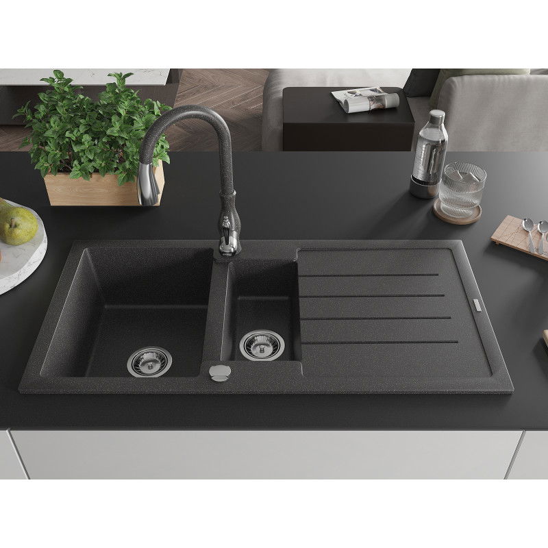 Mexen Andres Granite Sink 1.5-Bowl with Drainer and Savita Kitchen Tap, Black Speckled - 6515-76-672601-76