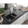 Mexen Andres granite sink 1.5-bowl with drainer and Savita kitchen faucet, black speckled - 6515-76-672601-76