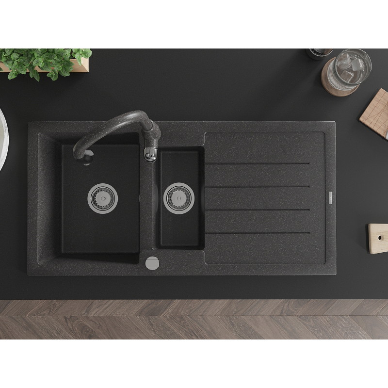 Mexen Andres granite sink 1.5-bowl with drainer and kitchen faucet Savita, black speckled - 6515-76-672601-76