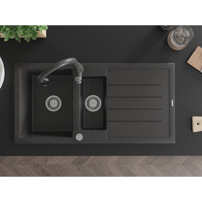 Mexen Andres granite sink 1.5-bowl with drainer and Savita kitchen faucet, black speckled - 6515-76-672601-76