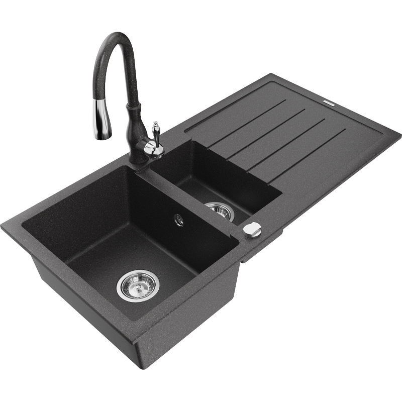 Mexen Andres 1.5-compartment granite sink with a drip tray and kitchen mixer tap Savita, spotted black - 6515-76-672601-76