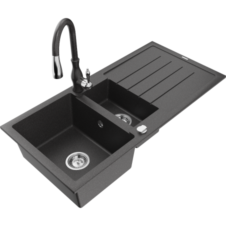 Mexen Andres granite sink 1.5-bowl with drainer and Savita kitchen faucet, black speckled - 6515-76-672601-76