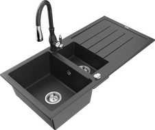 Mexen Andres granite sink 1.5-bowl with drainer and kitchen faucet Savita, black speckled - 6515-76-672601-76
