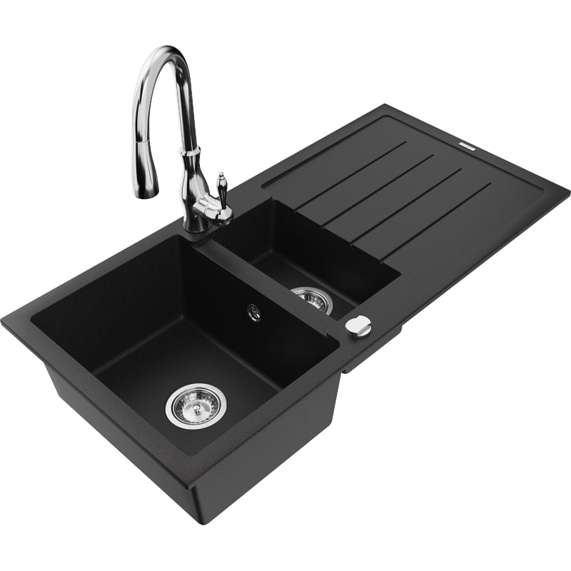 Mexen Andres granite sink 1.5-bowl with drainer and Savita kitchen faucet, black - 6515-77-672601-00