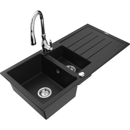 Mexen Andres 1.5-compartment granite sink with a drip tray and kitchen mixer tap Savita, Black - 6515-77-672601-00