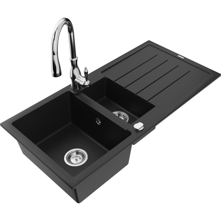 Mexen Andres granit composite kitchen sink 1.5-bowl with drainer and Savita kitchen faucet, black - 6515-77-672601-00