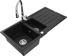 Mexen Andres 1.5-compartment granite sink with a drip tray and kitchen mixer tap Savita, Black - 6515-77-672601-00