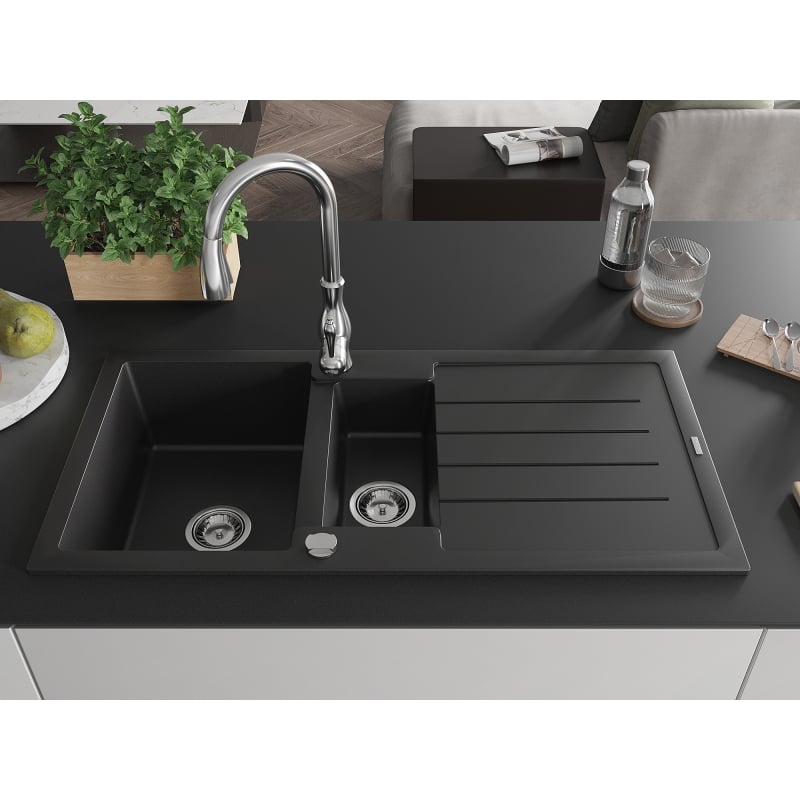 Mexen Andres granite sink 1.5-bowl with drainer and Savita kitchen faucet, black - 6515-77-672601-00
