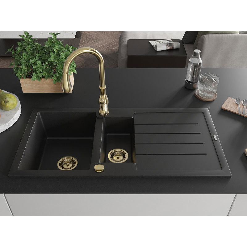 Mexen Andres granite sink 1.5-bowl with drainer and Savita kitchen tap, black - 6515-77-672601-50