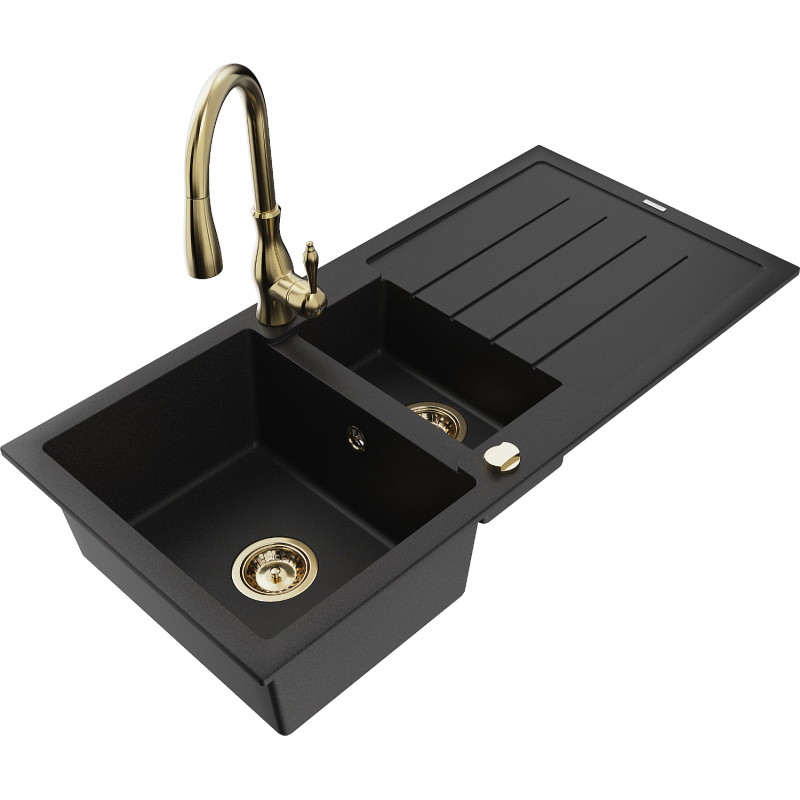 Mexen Andres Granite Kitchen Sink 1.5-bowl with Drainer and Savita Faucet, Black - 6515-77-672601-50