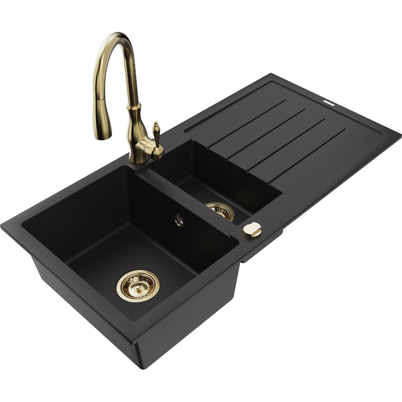 Mexen Andres granite sink 1.5-bowl with drainer and Savita kitchen tap, black - 6515-77-672601-50