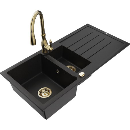 Mexen Andres Granite Kitchen Sink 1.5-bowl with Drainer and Savita Faucet, Black - 6515-77-672601-50