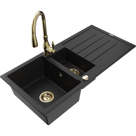 Mexen Andres granite sink 1.5-bowl with drainer and Savita kitchen faucet, black - 6515-77-672601-50