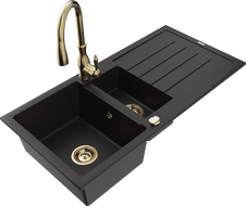 Mexen Andres 1.5-compartment granite sink with a drip tray and kitchen mixer tap Savita, Black - 6515-77-672601-50