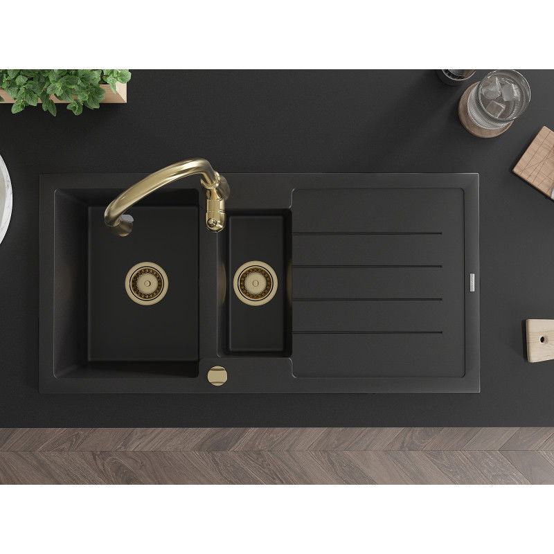 Mexen Andres granite sink 1.5-bowl with drainer and Savita kitchen tap, black - 6515-77-672601-50