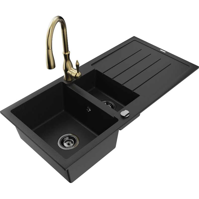 Mexen Andres 1.5-bowl granite sink with drainer and Savita kitchen tap, black - 6515-77-672601-50-B