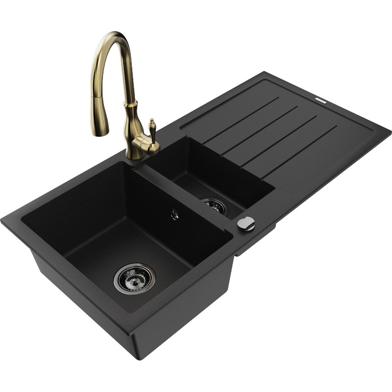 Mexen Andres granite sink 1.5-bowl with drainer and Savita kitchen faucet, black - 6515-77-672601-50-B