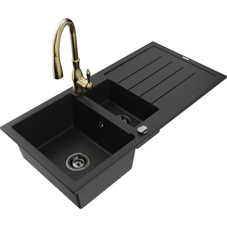 Mexen Andres granite sink 1.5-bowl with drainer and Savita kitchen faucet, black - 6515-77-672601-50-B
