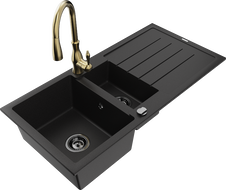 Mexen Andres 1.5-compartment granite sink with a drip tray and kitchen mixer tap Savita, Black - 6515-77-672601-50-B