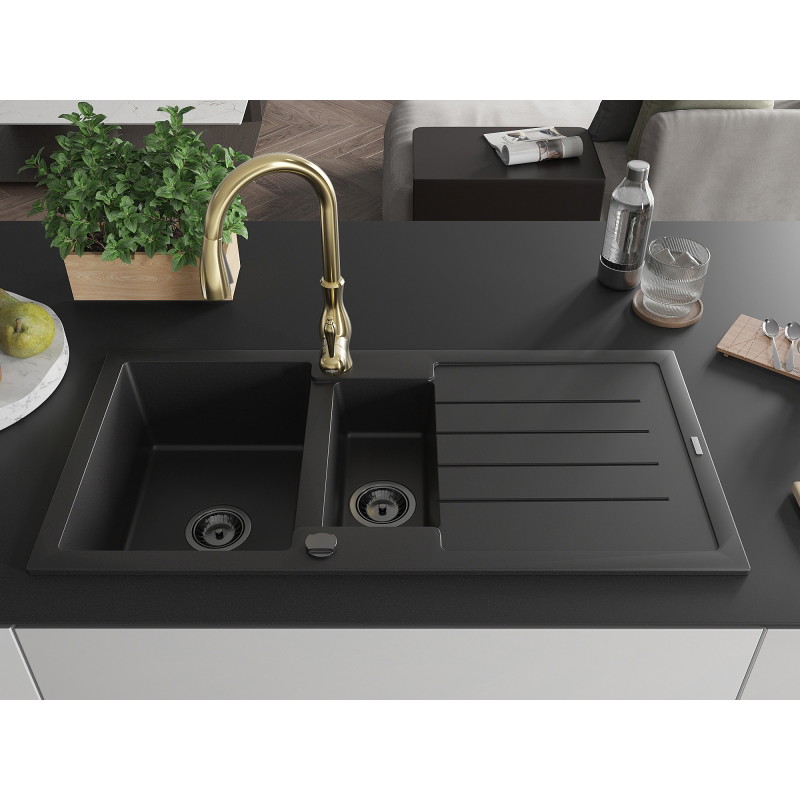 Mexen Andres granite sink 1.5-bowl with drainer and Savita kitchen faucet, black - 6515-77-672601-50-B