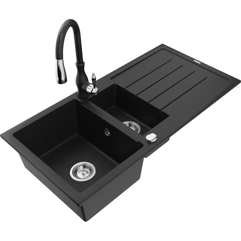 Mexen Andres granit sink 1.5-bowl with drainer and Savita kitchen faucet, black - 6515-77-672601-70