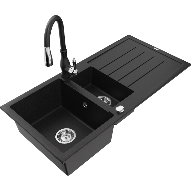 Mexen Andres granite sink 1.5-bowl with drainer and Savita kitchen tap, black - 6515-77-672601-70