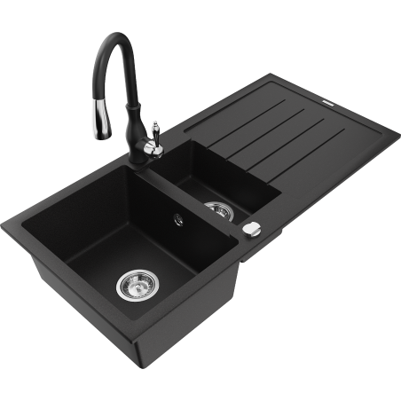 Mexen Andres granite sink 1.5-bowl with drainer and Savita kitchen tap, black - 6515-77-672601-70