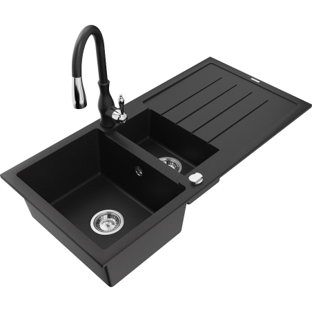 Mexen Andres Savita black 1.5-bowl granite sink with drainer and kitchen faucet - 6515-77-672601-70