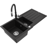 Mexen Andres granite sink 1.5-bowl with drainer and Savita kitchen tap, black - 6515-77-672601-70