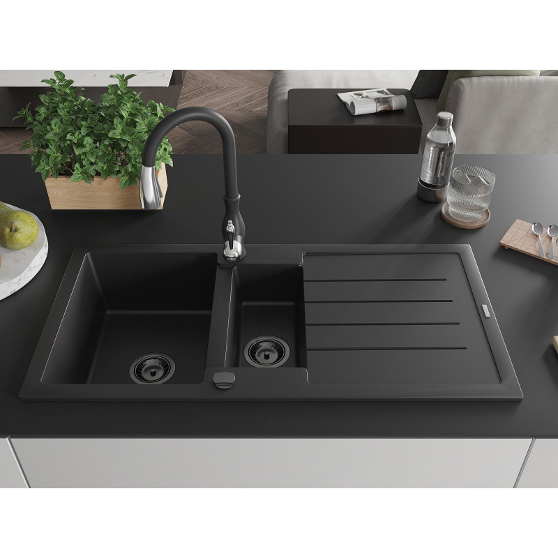 Mexen Andres granite sink 1.5-bowl with drainer and kitchen faucet Savita, black - 6515-77-672601-70-B