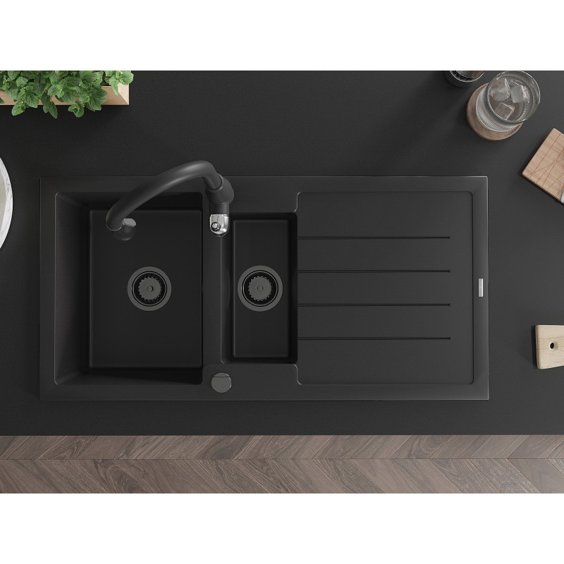 Mexen Andres granite sink 1.5-bowl with drainer and kitchen faucet Savita, black - 6515-77-672601-70-B