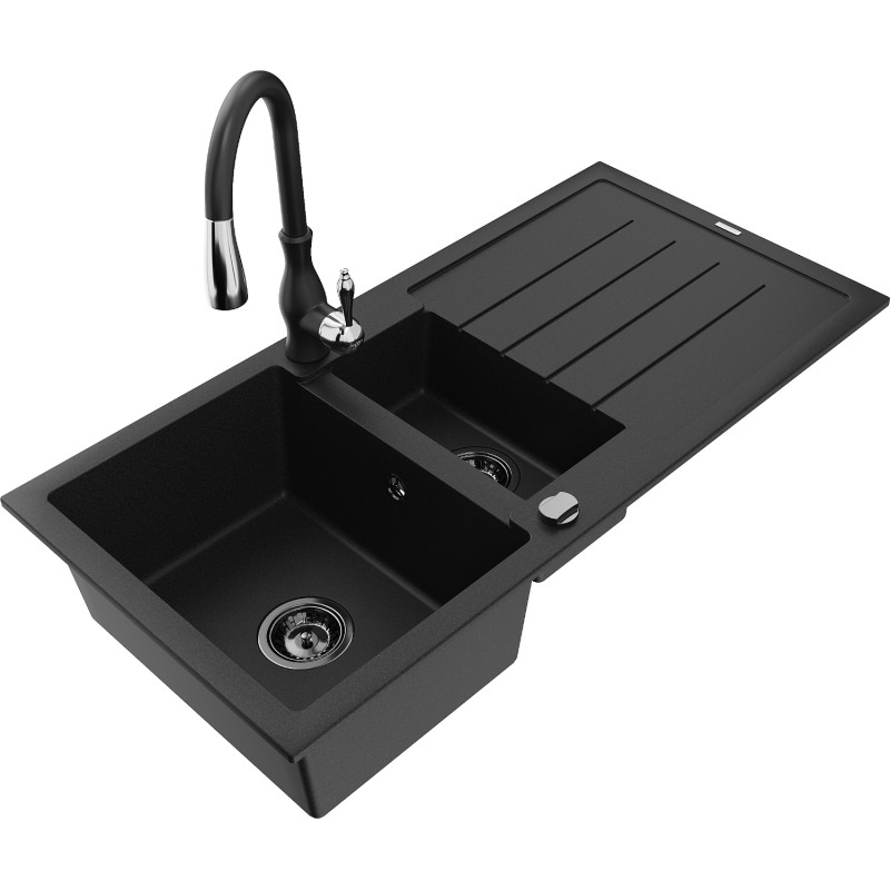 Mexen Andres granite sink 1.5-bowl with drainer and kitchen faucet Savita, black - 6515-77-672601-70-B