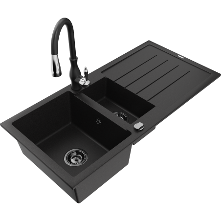 Mexen Andres granite sink 1.5-bowl with drainer and kitchen faucet Savita, black - 6515-77-672601-70-B