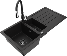 Mexen Andres 1.5-compartment granite sink with a drip tray and kitchen mixer tap Savita, Black - 6515-77-672601-70-B