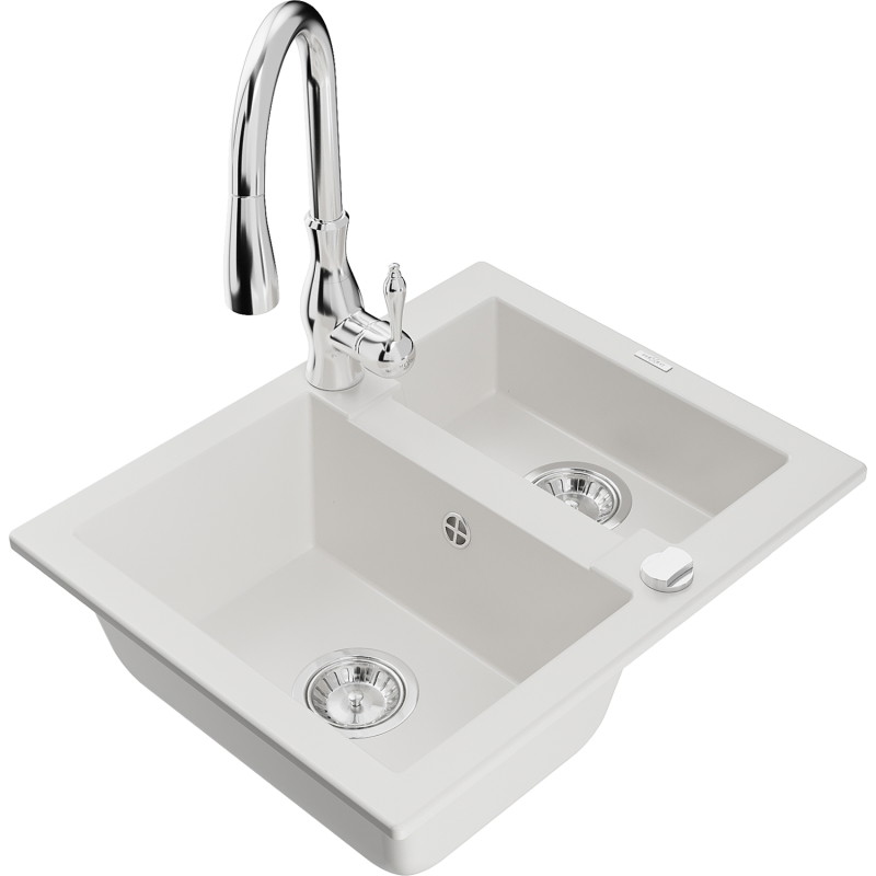 Mexen Carlos granite sink 1.5-bowl with kitchen faucet Savita, white - 6518-20-672601-00