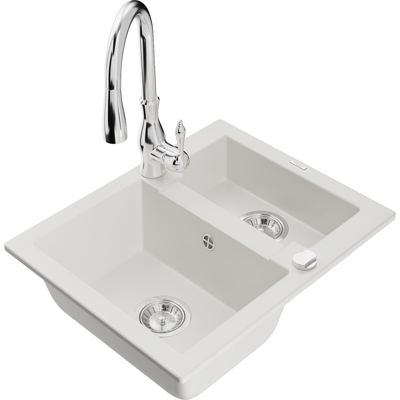 Mexen Carlos granite sink 1.5-bowl with Savita kitchen tap, white - 6518-20-672601-00