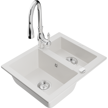 Mexen Carlos granite sink 1.5-bowl with kitchen faucet Savita, white - 6518-20-672601-00