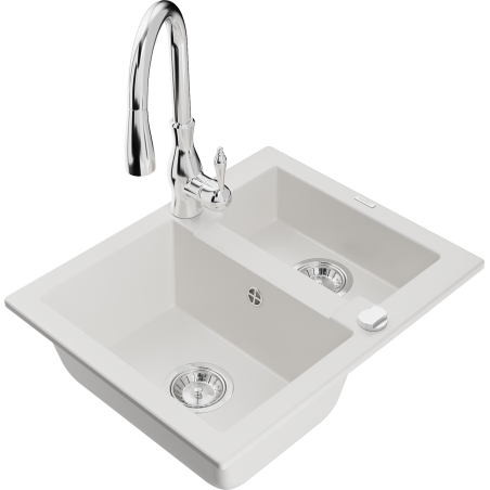 Mexen Carlos granite sink 1.5-bowl with Savita kitchen tap, white - 6518-20-672601-00