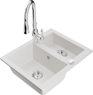 Mexen Carlos 1,5-compartment granite sink with a kitchen mixer tap Savita, White - 6518-20-672601-00