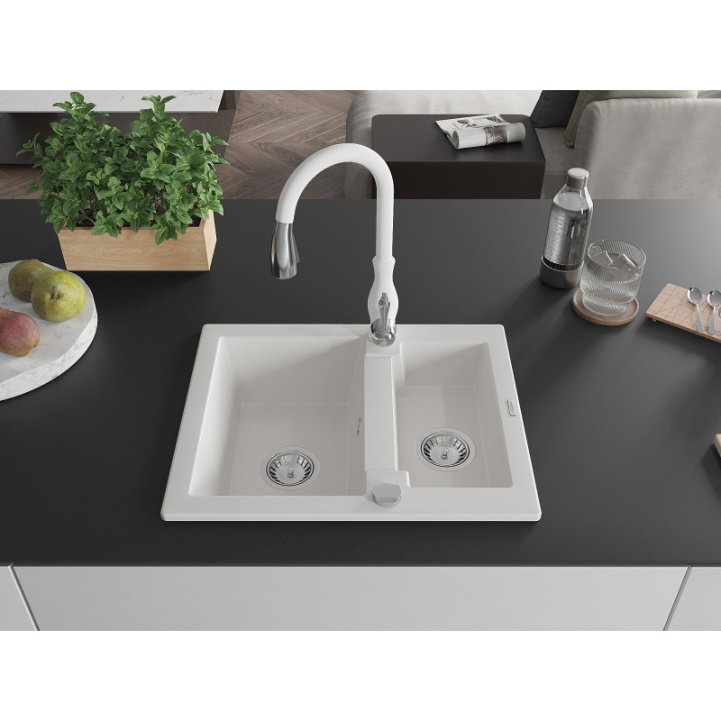 Mexen Carlos granite sink 1.5-bowl with Savita kitchen faucet, white - 6518-20-672601-20